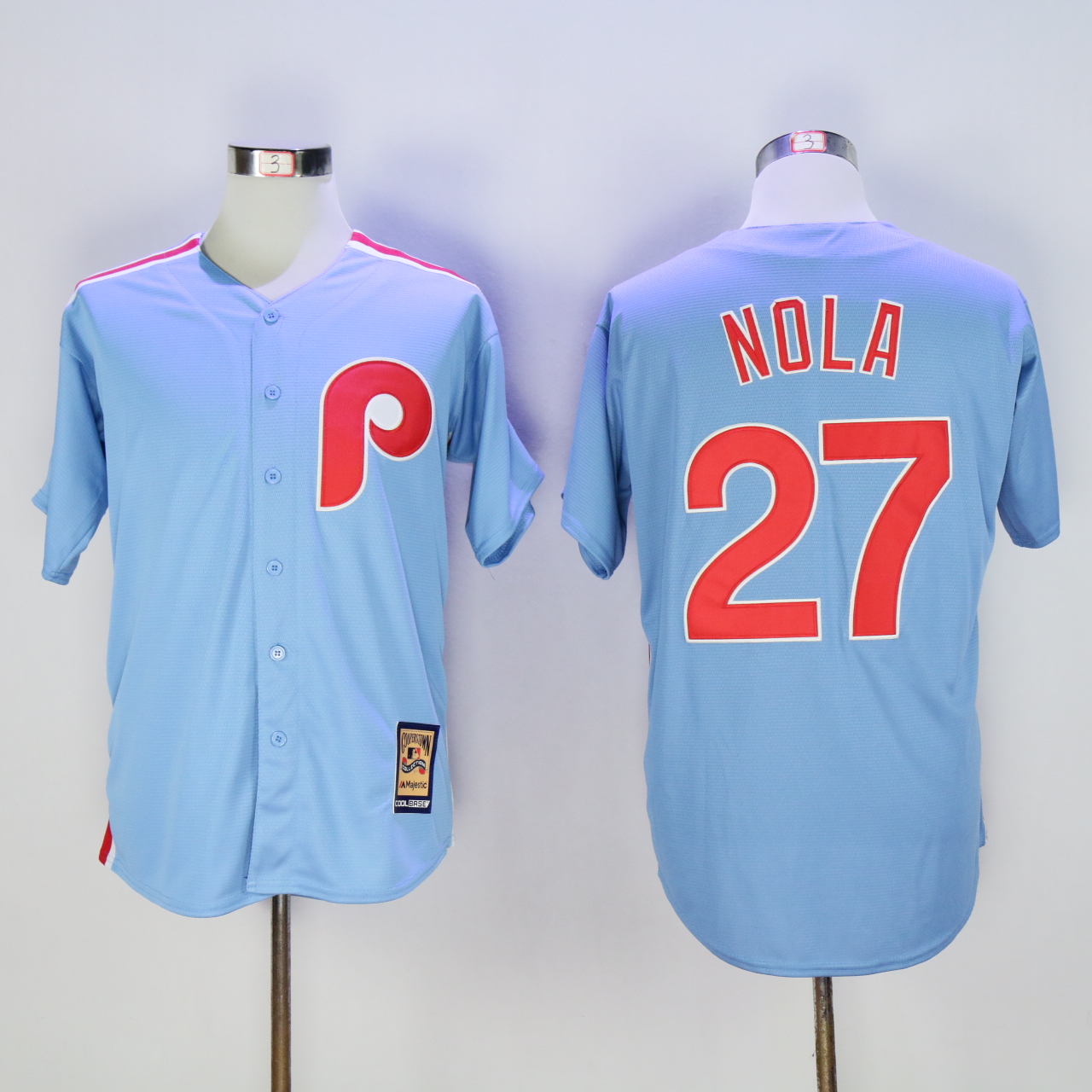 Men Philadelphia Phillies 27 Nola Light Blue Throwback MLB Jerseys